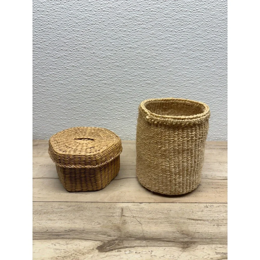 Vtg Set Of 2 Handwoven Basket Handmade